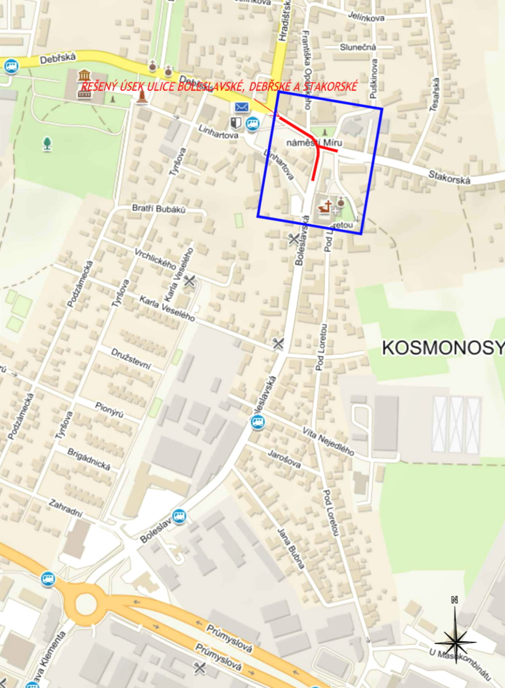 V Kosmonosech bude od března do října uzavřena křižovatka Debřské, Boleslavské a Stakorské ulice. Zdroj: CR PROJECT