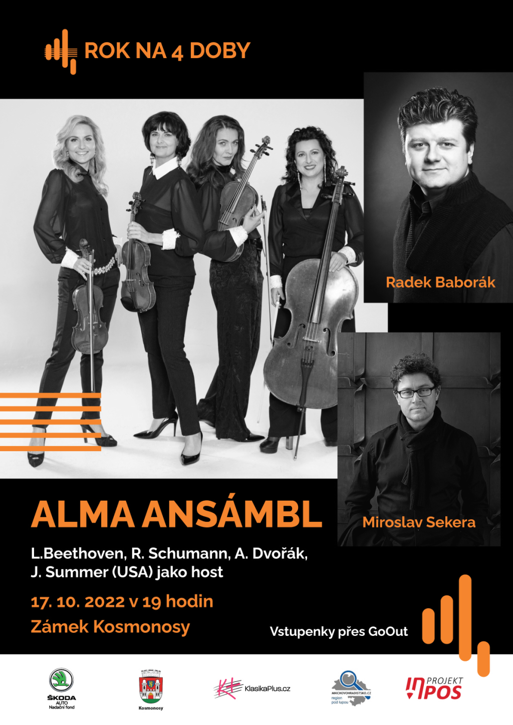 Smyčcové kvarteto ALMA ANSÁMBL v jedinečném spojení s hornistou Radkem Baborákem a klavíristou Miroslavem Sekerou se představí v Kosmonosích