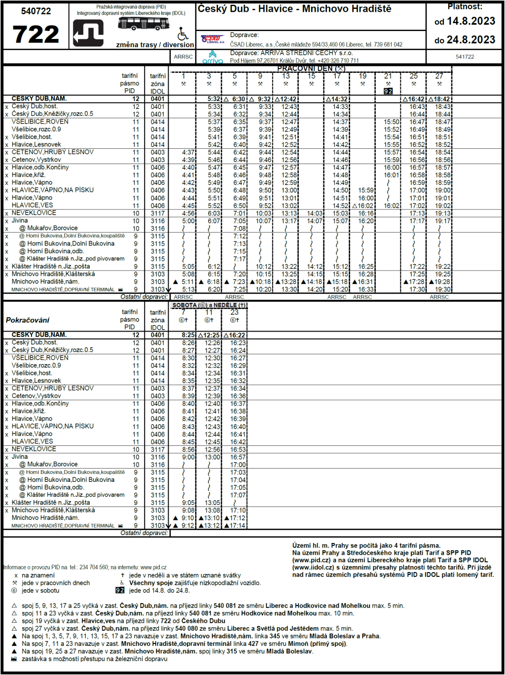 Výlukový řád linky 722 platný od 14. do 24. srpna 2023
