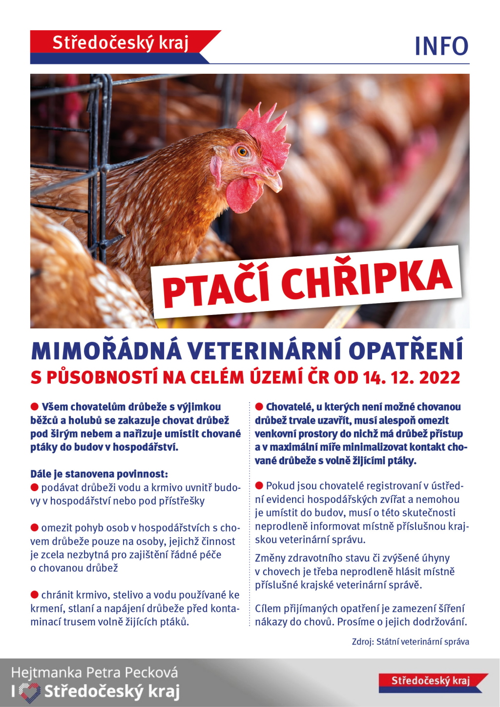 Od 14. prosince je z důvodů šíření ptačí chřipky zakázán na celém území ČR venkovní chov drůbeže