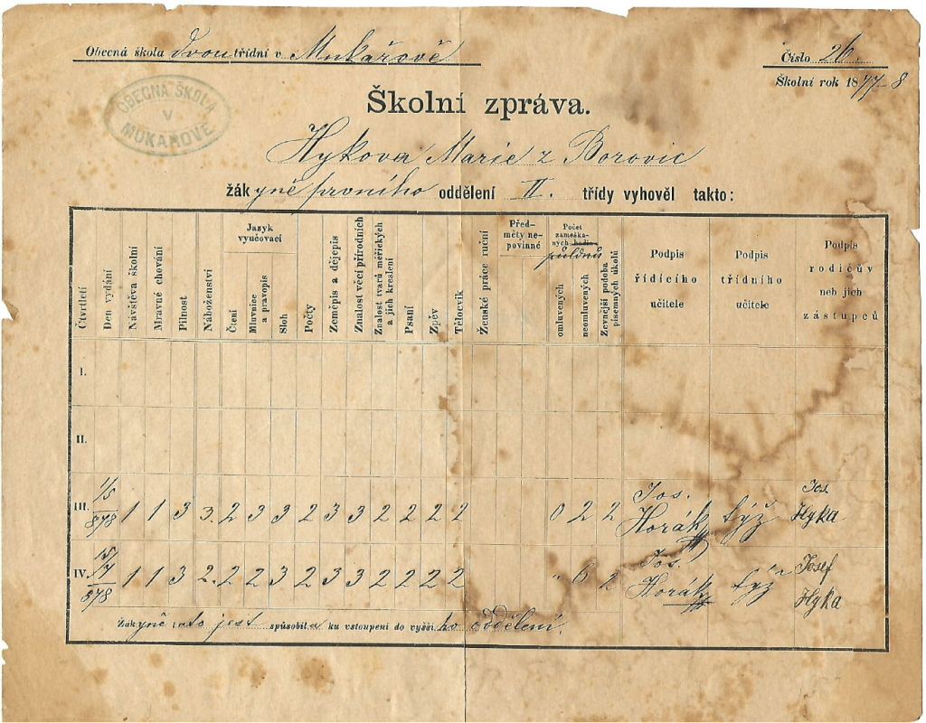 Školní zpráva Marie Hykové z Borovice z roku 1878. Zdroj: rodinný archiv autora