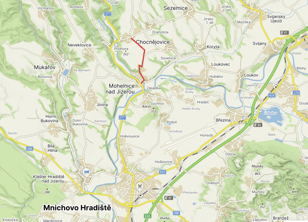 Mapka s červeně vyznačeným úsekem dotčené silnice. Zdroj podkladu: mapy.cz