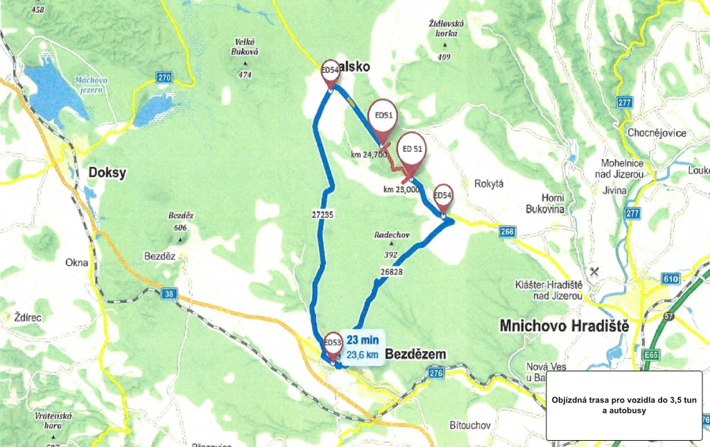 Pro osobní automobily a autobusy je vedena objízdná trasa mezi Ralskem a Dolní Krupou v délce 19 km přes Bělou pod Bezdězem
