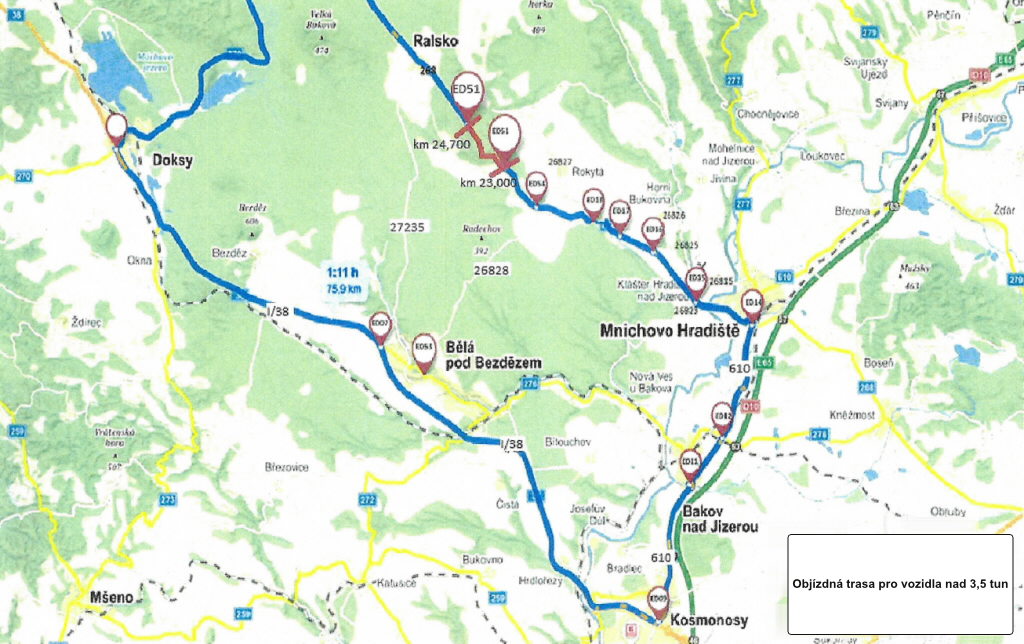 Objízdná trasa pro nákladní vozidla nad 3,5 tun (mimo autobusy) je stanovena objížďka v délce 52 km v úseku Mimoň – Mnichovo Hradiště. Vedena je přes Doksy, Bělou pod Bezdězem a Bakov nad Jizerou