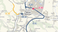 Budoucí železniční investice v Mladé Boleslavi. S41 = Bezděčínská spojka, S60 = stanice Mladá Boleslav město, S43 = Ptácká spojka, ON-26 = hlavní nádraží