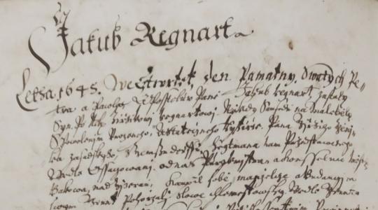 Záznam v pozemkové knize Bakova nad Jizerou z roku 1645 o koupi domu Jakubem Rejnartem