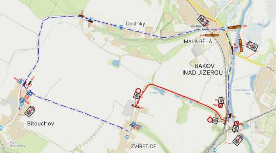 Od 6. do 23. srpna je uzavřena silnice z Bakova do Zvířetic